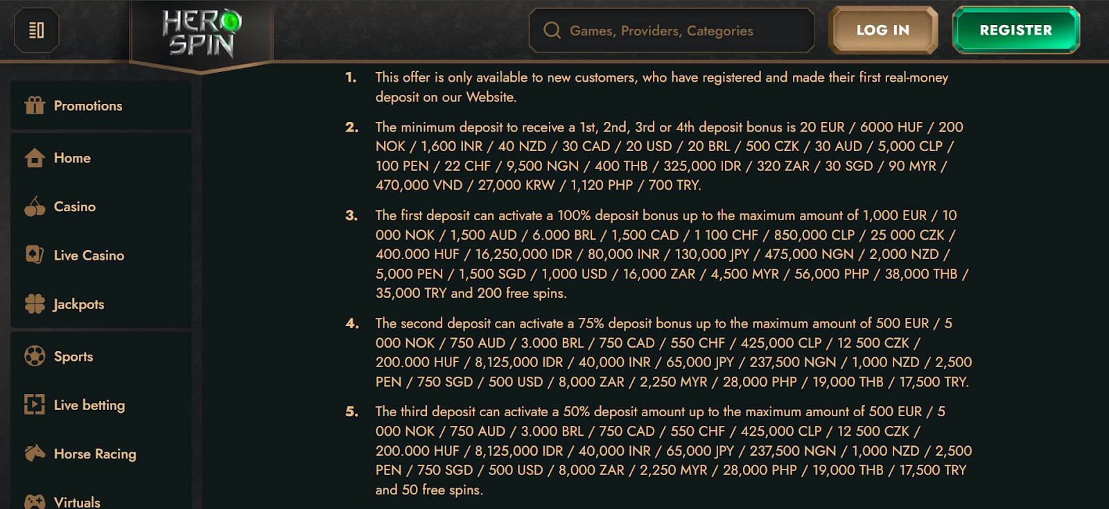 Herospin Casino maximum stake of 7.50 CAD during bonus period